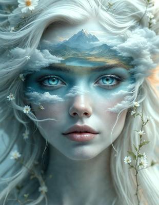 The primary subject of the image is a woman with white hair and blue eyes. She is wearing makeup and has a flower in her hair. The setting is a cloudy sky, and the visual style is a digital art or illustration. The colors and mood of the image are serene and dreamy, with the woman's white hair and blue eyes adding to the overall atmosphere.